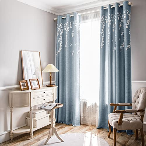 Melodieux Cortinas Opacas de Lino con Bordado de Flores Azules para Sala de Estar, Dormitorio, Cortina de Ventana con Ojales, Flor Blanca, 52 x 84 Pulgadas (1 Panel)