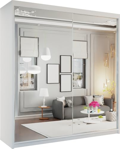 MN Furniture Tilburg Full Mirror Sliding Mirror Door Wardrobe Space Saving Cabinet Bedrrom Closet Comes with 2 Colors & 2 Sizes (White, 200cm)