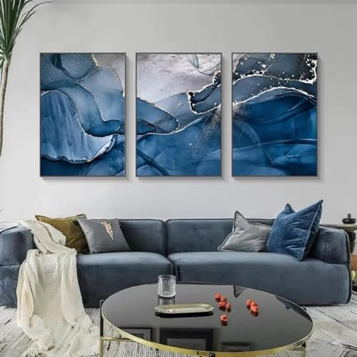 NXMYDBD Abstrakter blau-silberner Marmor-Leinwanddruck, Poster, Wohnzimmerdekoration, minimalistische Wandkunst, moderne Heimdekoration, Gemälde, 70x90cm (28x35 Zoll) x3, ungerahmt