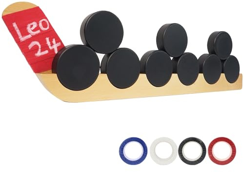 Westant Hockey-Puck-Vitrine, 57,9 cm Wandhalterung, Holzhalter für 6 Pucks, ideales Hockey-Geschenk für Spieler und Fans, mit Hockey-Klebeband, um Ihren Namen anzupassen (6 Pucks)