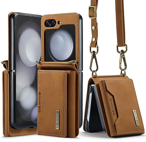 UDBKKDX Fodral för Samsung Galaxy Z Flip 6, matt läder med visningsstativ kameralinsskydd stötsäker korthållare skydd med axelremmar Plånboksfodral skydd case cover