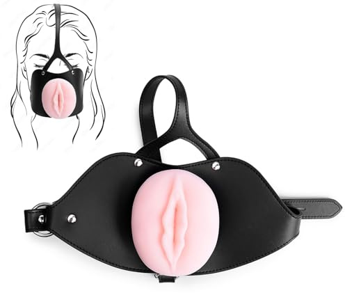 Oral Sex Mouth Gag Leather Bondage 3D Realistic Textured Tight Silicone Pocket Pussy Male Masturbator Deep Throat Sex Doll Mouth Gag with Lock Adjustable Adult Toy for Oral Sex Couples Kinky Toys