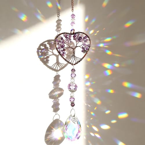 Molain Tree of Life Crystal Suncatcher, Hanging Purple Sun Catcher for Windows Elegant Purple Sun Catcher Crystals Ornament Heart Shaped Crystal Ball Prism Drop Pendant for Garden Decor Crystal Gifts