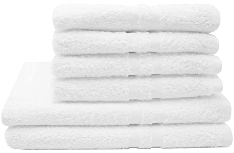 ZOLLNER Set di 6 asciugamani composto da 4 asciugamani da bagno in 50x70 cm e 2 teli doccia in 70x140 cm - in cotone - con righe sul bordo - lavabili a 95°C - con pratico gancetto - bianchi