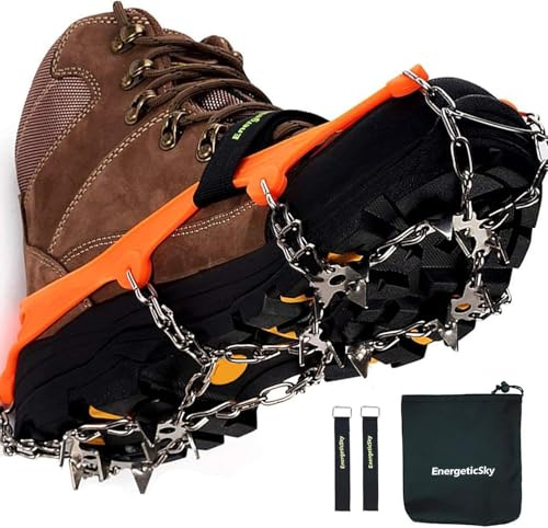 EnergeticSky Steigeisen für Bergschuhe,19 Zähne Kieselgel Edelstahl Anti-Rutschen,Schneekette,Spikes,Schuh-Krallen für High Altitude Wandern EIS Schnee - by (Orange, L)