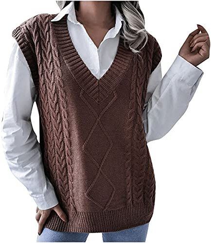 TTivxe Chaleco de mujer de punto, casual, con cuello en V, de punto, sin mangas, de punto fino, marrón, L