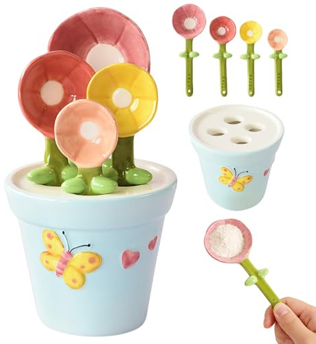 OBEST Ceramic Measuring Spoons Set with Storage Pot,4 Different Sizes Flower Shapes Reusable Baking Home Kitchen Porcelain Measuring for Dry and Liquid Ingredients 1 TBS 1 TSP 1/2 TSP 1/4 TSP