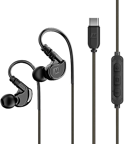 MEE audio M6 Sport USB-C Wired Earbuds with Memory Wire Earhooks, Headset with Mic & 3-Button Remote for iPhone 16, iPad, Other USB Type C Devices; in Ear Headphones for Running/Gym/Workouts, Black