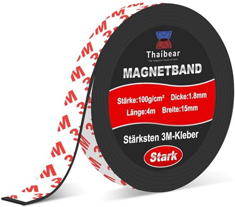 Thaibear Magnetband selbstklebend stark, Magnetklebeband mit starkem 3M-Kleber (15 mm x 4 m lang)- magnetstreifen selbstklebend stark Perfekt für DIY, Kunstprojekte, Whiteboards