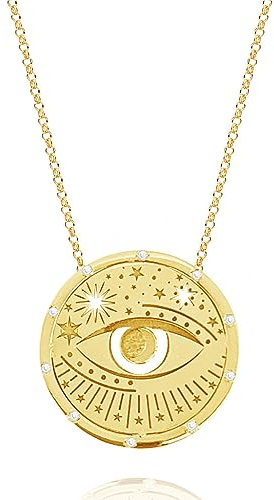 UniLogue Minimalist Sun Moon Star Tarot Round Pendant Necklace Ins Cool 18K Gold Plated Stainless Steel Sweater Chain Titanium Steel Necklace Choker Chain (Eye)