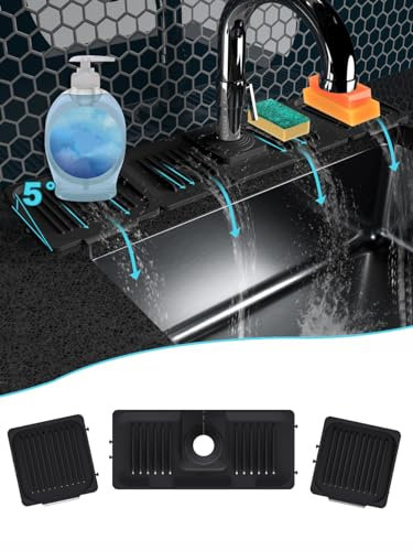 Kitchen Sink Splash Guard-Faucet mat for Kitchen Sink-Silicone draining mat with 2 soap dispensers-Black Handle drip Catcher Tray Protector Behind Faucet for Sink Accessories
