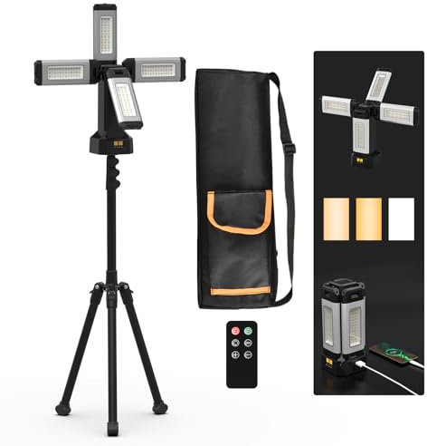 AODOO Faretto a Batteria Ricaricabile in Alluminio da 13200 mAh, con Supporto Pieghevole e Borsa per il Trasporto, Faro da Cantiere 8000 Lumen Dimmerabile (Con telecomando)