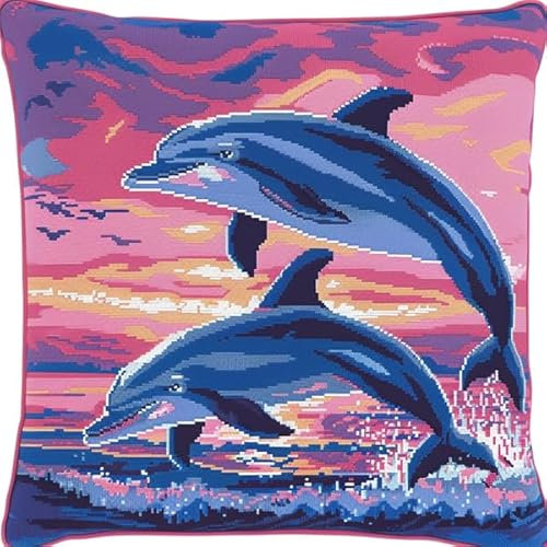 kitphoenix DIY Knüpfhaken-Set Knüpfkissen Delfin Latch Hook Kissen Kit für Kinder oder Anfänger Erwachsene zum Selber Knüpfen, DIY Knüpfteppich Knüpfpackung, Knüpfhaken Set 43 x 43 cm