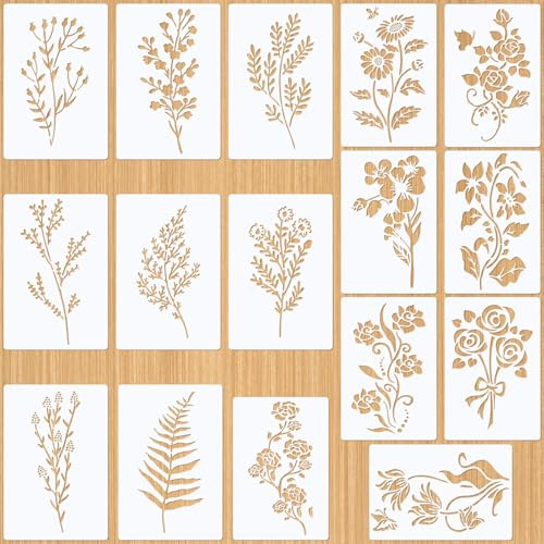 Zocipro 16 stycken schabloner för textildesign, 8 st (30 x 20 cm) och 8 st (28 x 18 cm) återanvändbara målningsschabloner för DIY, trä, möbler, T-shirts, plast ritningsschabloner med blommor, löv