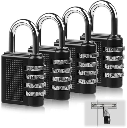 4PCS Combination Padlock Heavy Duty Metal Padlocks with Code for Gym | 4 Digit Outdoor Travel Locks Resettable Padlocks for School Suitcase Luggage Shed Toolbox Gate Hasp (L Black)