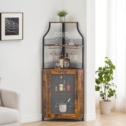 Garvee Weinschrank Eckschrank Weinregal Industrial mit Led Licht Barschrankmit Verstellbarem Weinregal und Glashalter Getränkeaufbewahrung Weinbarschrank für Küche Esszimmer Wohnzimmer Retro