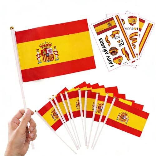 HAPZUR Bandera Española: 10 Mini Banderas con Palo + 3 Tatuajes de Fútbol para Animar a España en Copa Mundial, Eurocopa, Fiestas y Eventos Deportivos.