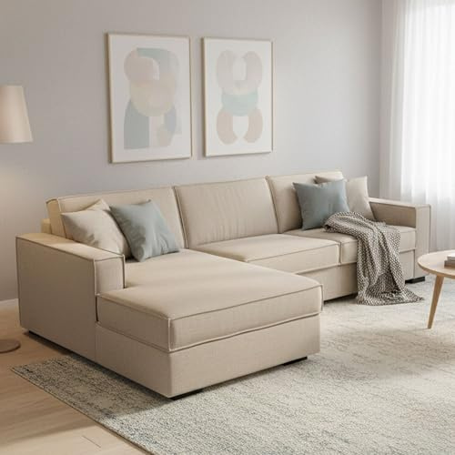 Talamo Italia - Schlafsofa mit Halbinsel Adima, drehbares Sofa zum Öffnen, Aufbewahrungshalbinsel links, schmale Armlehnen, 100 % Made in Italy, 260 x 95 x 90 cm, Beige