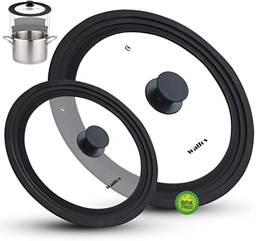 Walfos Couvercles universels en verre - Diamètre : 28, 26, 24, 20, 18 et 16 - Avec bord en silicone gradué - Résistants à la chaleur