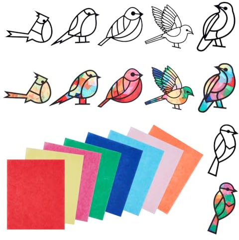 PLIGREAT 12 Pcs Cute Bird Shapes Templates Stained Glass Effect Paper Sets, DIY Suncatchers Crafts Kit for Daycare Nursery Shcool Project Artwork Class Supplies Children's Party Favors Window Decor