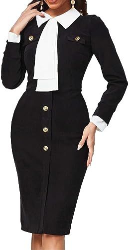 Bodycon Solid Dresses for Women Elegant Long Sleeve Crew Neck Midi Pencil Dress Outfits Business Casual Sexy Clubwear for Work with a Tie(Black,L)