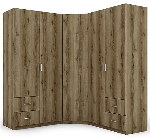 e-Meblast - 3-teilige Eckschrank - 189x214x54 cm - Ohne Spiegel - Schlafzimmer, Wohnzimmer Eck Ecke Eckeschrank - 20 Einlegeböden - 4 Schubladen - 3 Kleiderstange - Schrank - PVC-Kante - Dunkle Oak