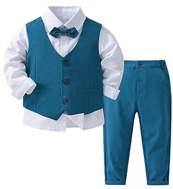 Agoky Completini da Cerimonia Neonato Completo da Battesimo Bimbo Smoking da Bambino 4 Pezzi Gilet Camicia Fiocco Pantaloncini Set di Vestiti Formale Tuta per Festa Blu 2-3 Anni
