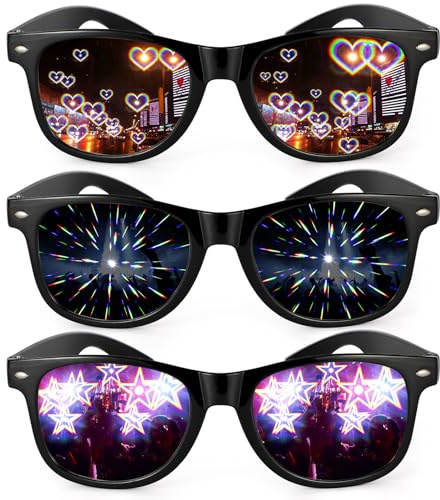 Hifot 3 st diffraktionsglasögon, 3D-prisma regnbåge hjärta stjärneffekt med svarta ramar, brytningsglasögon, ljusdiffraktionsglasögon, rave-glasögon kvinnor män för Edm konsert fest klubb, CGG037P3