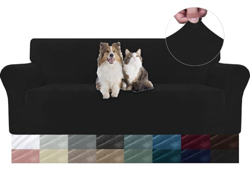 YSTELLAA Samt Sofa Überzug 3 Sitzer, Stretch Sofahusse Universal, Sofaschoner rutschfest, Sofa Covers Mit Armlehne, Couch Bezug Schutz Katze, Waschbare Couchschoner, Schwarz