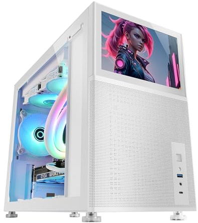 Mars Gaming MC-LCD, Boîtier PC Compact Micro-ATX, Ecran LCD IPS 8, Grille Latérale, Supérieure et Frontale Mesh, Fenêtre Latérale Verre Trempé, Mini Tour Gaming avec Design Panneaux Modulaire, Blanc