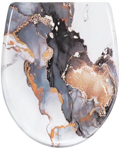 WOLTU Tapa WC, Tapa Inodoro con Cierre Suave, Tapa de Water Forma O, Tapa de Asiento Liberación Rápida, Montaje Inferior y Superior con Bisagras Ajustables 7-18.5 cm,Mármol con Tinta Dorada,WS2974