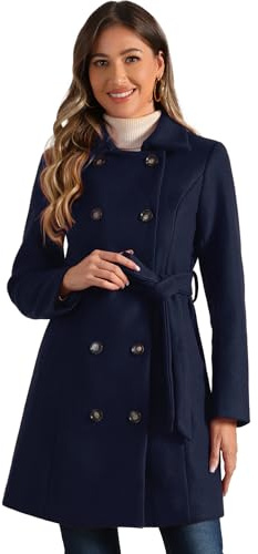 Allegra K Damen Wintermantel Langarm Zweireihig Schräge Tasche Knopfleiste Gürtel Mantel Dunkelblau L