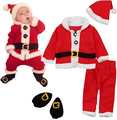 UNICLOUND Toddler Baby Christmas Costumes, 4PC Toddler Santa Claus Outfit Xmas Top + Pants + Hat + Booty for Little Girls Boys Santa Cosplay Photography Props Gift (Santa Claus, 6-12 Months)