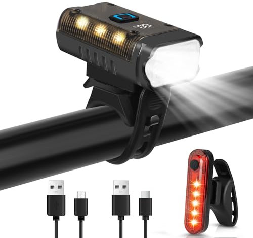 Ainiv Cykelljus, 350 lumen främre cykelbelysning, typ C laddning, 5 + 4 ljuslägen, med bakljus och digital display, vattentät cykelstrålkastare för landsvägscykel, mountainbike, cykling