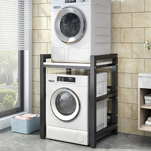 Support Empilable Pour Lave-Linge Et Sèche-Linge Avec Étagère,Superposition Lave Linge Seche Linge,Etagere Machine A Laver,3 Hauteurs Réglables,Meuble Seche Linge,Pour Toilettes Et Buanderie(Black/whi