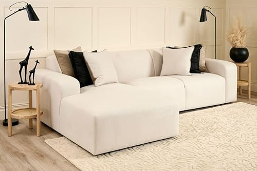 Snooze L-Shaped Corner Chaise Sofa | Pebble Fabric Left/Right Hand Lounge with Wide Armrests – Perfect Living Room Longue Sofa (Cream Plush, Left Hand Chaise)