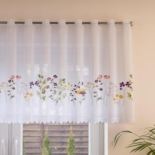 Gardinen Vorhangen Weiß Jacquard 400x70 cm (BxH) Primavera Scheibengardine Bemalt Für Küche Wohnzimmer Fertiggardine Kurzgardine Sofort Aufhängbar Transparent Blumen