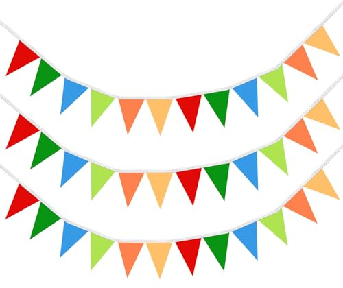 3 Stück Wimpelkette Outdoor, Girlande Geburtstag, 12M 36 Flaggen Wimpelkette Stoff, Einschulung Deko, Wetterfest, Wiederverwendbare für Geburtstag Party, Jugendweihe, Hochzeiten, Kinderzimmer