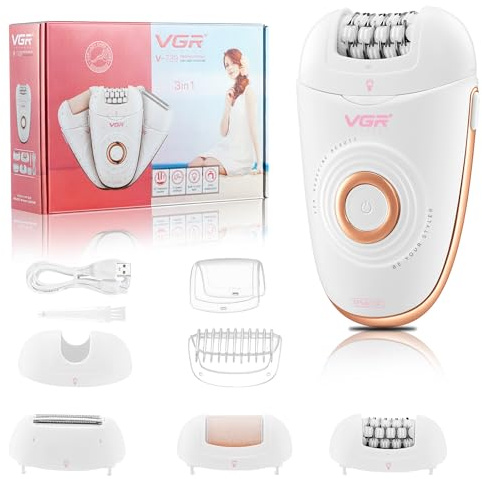 VGR 739 3 en 1 Depiladora Mujer, Inalámbrica IPX4 Depiladora Eléctrica con Cabezal de Afeitado y Eliminador de Durezas, 2 Velocidades y Luz LED, USB Recargable para Rostro y Cuerpo