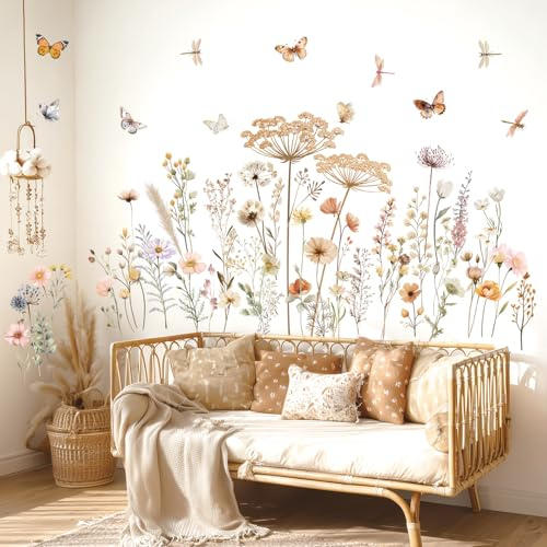 DECOWALL Boho Wildflower Garden Wall Stickers Decals (SG2-2513) | Delicate meadow flowers, grasses and butterflies; peel and stick removable décor for living room, bedroom or home office
