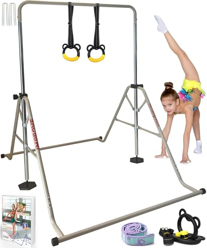 YOUTIFUN Gymnastics Bar Set 157cm Foldable with 5 Sturdy Adjustable Heights | Ages 3 to 12, Kids Gym Equipment, Foldable Design, 5 Height Settings, 62 Inch Bar