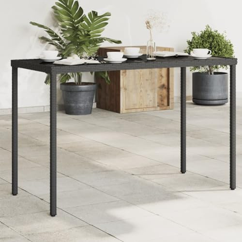 HaoChrymec Gartentisch mit Glasplatte Schwarz, PE-Rattan und Pulverbeschichteter Stahl, Loungetisch Outdoor, Beistelltisch Garten, UV-beständig, 115x54x74 cm