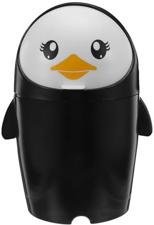 DIYEAH Cestino per Spazzatura da Scrivania Mini Nero Piccolo Cestino con Coperchio Ribalta Carino Forma di Pinguino per Ufficio Camera da Letto e Toeletta