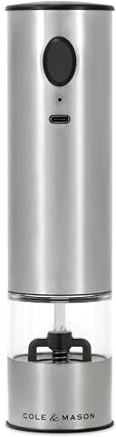 Cole & Mason Battersea - Molinillo de sal y pimienta eléctrico, automático, mecanismo de cerámica ajustable, 21 cm, acero inoxidable/acrílico, molinillo de sal eléctrico, USB-C, incluye 1 molinillo