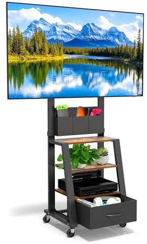 Rolling TV Stand with Drawer & 3-Tier Storage for 23-60 Inch Flat/Curved Screen up to 160lbs LCD/LED/OLED Adjustable Height Mobile TV Cart with Wheels for Home Office Outdoor Max VESA 400x400mm