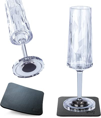 Silwy® - Vasos magnéticos de plástico de alta tecnología con nano almohadillas de gel de metal, antideslizantes, accesorios para camping, barcos y yates (vino espumoso, 0,15 l, juego de 2)
