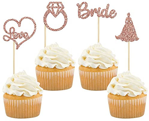 Gyufise Rose Gold Glitter Bride Cupcake Toppers Love Heart Diamond Ring Cupcake Picks For Engagement Wedding Bachelorette Party Bridal Shower 24 Pack