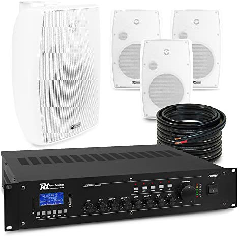 Power Dynamics BF80TW Wall Mounted Sound System – Commercial Background Music Set with 4x White 8-Inch Speakers, Bluetooth Mixer Amplifier & Installation Cable