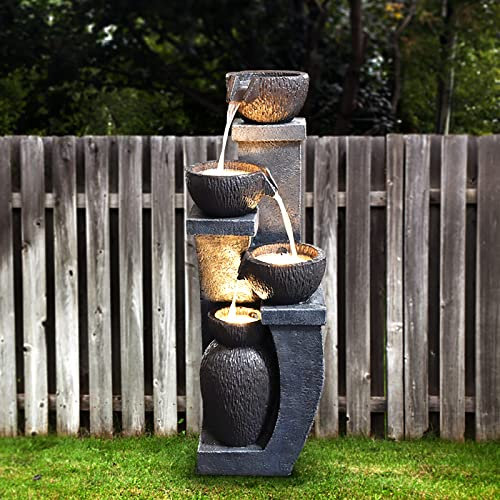 Supmix - Fontana d'acqua alta 37,4 pollici per esterni, 4 pezzi da giardino moderni con illuminazione a LED, fontana per pavimento in poliresina naturale, decorazione per giardino, cortile, cortile e