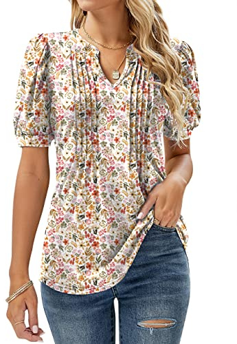 EFFAN Womens Plus Size Tops Casual V Neck Longline Blouse Elegant Floaty Flower Print Tunic Shirts Floral White XXL (UK 20-22)